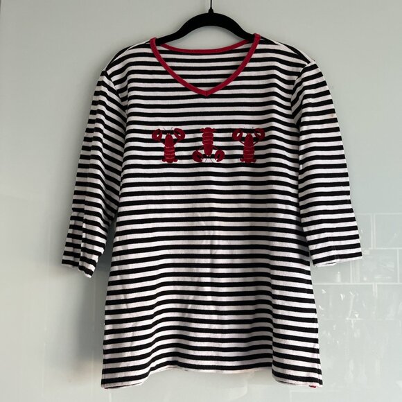 Striped Nautical Lobster Embroidered Top Black & White 3/4 Sleeve Size M/L - Picture 2 of 6